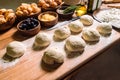 Dough for buns. Ingredients for homemade bread. Overall plan. Royalty Free Stock Photo