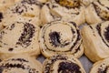 Dough buns with poppy lies on baking sheet and ready for baking on row baking paper side view, close up Royalty Free Stock Photo