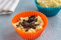 Dough with chocolate filling in a baking silicone mold for muffins and cupcakes