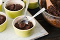 Dough for cooking chocolate dessert in baking dish close up Royalty Free Stock Photo