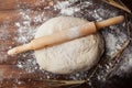 Dough with flour, rolling pin, wheat ears on vintage table top view. Homemade pastry for bread or pizza. Bakery background.