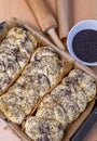 Dough for fresh bread, buns sprinkled with poppy seeds, ready for the oven. Fresh homemade cakes for dinner. Royalty Free Stock Photo