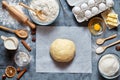 Dough mixing recipe bread, pizza or pie making ingridients, food flat lay