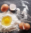 Dough preparation. Baking ingredients: egg and flour.