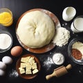 Dough for preparation bread, pizza, pie. Ingredients, food flat lay on kitchen table background. Butter, milk, yeast, flour, eggs Royalty Free Stock Photo