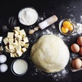 Dough for preparation bread, pizza, pie. Ingredients, food flat lay on kitchen table background. Butter, milk, yeast, flour, eggs Royalty Free Stock Photo