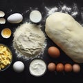 Dough for preparation bread, pizza, pie. Ingredients, food flat lay on kitchen table background. Butter, milk, yeast, flour, eggs Royalty Free Stock Photo
