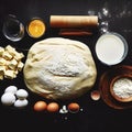 Dough for preparation bread, pizza, pie. Ingredients, food flat lay on kitchen table background. Butter, milk, yeast, flour, eggs Royalty Free Stock Photo