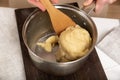 Dough preparation process. Mixing ingredients in saucepan