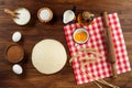 Dough preparation recipe bread, pizza, pasta or pie ingridients, food flat lay on kitchen table background. Text space Royalty Free Stock Photo