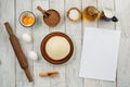 Dough preparation recipe bread, pizza, pasta or pie ingridients, food flat lay on kitchen table background. Text space Royalty Free Stock Photo