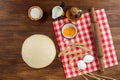 Dough preparation recipe bread, pizza, pasta or pie ingridients, food flat lay on kitchen table background. Text space Royalty Free Stock Photo