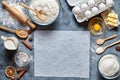 Dough preparation recipe bread, pizza or pie ingridients, food flat lay on kitchen table Royalty Free Stock Photo