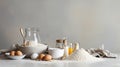 Dough preparation recipe bread, pizza or pie making ingredients, food flat lay on kitchen table background. Butter, milk Royalty Free Stock Photo