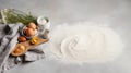 Dough preparation recipe bread, pizza or pie making ingredients, food flat lay on kitchen table background. Butter, milk Royalty Free Stock Photo