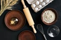 Dough preparation recipe bread, pizza or pie making ingredients, food flat lay on kitchen table background. Working with Royalty Free Stock Photo