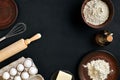 Dough preparation recipe bread, pizza or pie making ingredients, food flat lay on kitchen table background. Working with Royalty Free Stock Photo