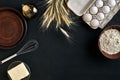 Dough preparation recipe bread, pizza or pie making ingredients, food flat lay on kitchen table background. Working with Royalty Free Stock Photo