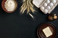 Dough preparation recipe bread, pizza or pie making ingredients, food flat lay on kitchen table background. Working with Royalty Free Stock Photo