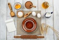 Dough preparation recipe bread, pizza or pie making ingridients, food flat lay on kitchen table background. Milk, yeast Royalty Free Stock Photo