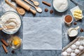 Dough preparation recipe homemade bread, pizza or pie ingridients, food flat lay Royalty Free Stock Photo