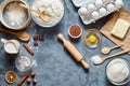 Dough preparation recipe ingridients flat lay on kitchen table background