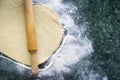 Dough on a floured marble green table, top view