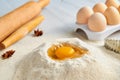 Dough recipe ingredients and accessories on the gray table: eggs, flour, spices and bakewares. Baking background Royalty Free Stock Photo