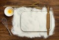 Dough recipe ingredients like eggs, flour on white Royalty Free Stock Photo