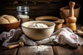 dough rising in a bowl with wooden background Royalty Free Stock Photo