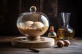 dough rising in a glass bowl with a wooden background Royalty Free Stock Photo