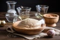 dough rising in a glass bowl with a wooden background Royalty Free Stock Photo