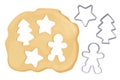 Dough with rolling pin cookie cutter star, man, christmas tree shapes shape top view cartoon style isolated on white