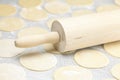 Dough and rolling pin with flour on the table Royalty Free Stock Photo