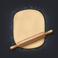 Dough and rolling pin. Realistic 3D bakery mix with flour dough and wooden rolling pin on the table. Vector elements for