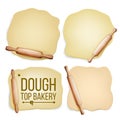 Dough Set Vector. Wooden Rolling Pin. Fresh Raw. Tasty. Top View. Preparing Tool. Design Element. Dough For Pizza Or