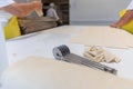 Dough slicers for cutting equal portions of bread dough on the cutting table. Royalty Free Stock Photo