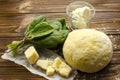 Dough, spinach,parmesan, ricotta on wooden background are ready