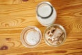 Dough starter ingredients: sugar, milk and yeast Royalty Free Stock Photo
