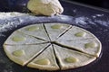 Dough on the table with baking filling. Homemade baked food. Biscuits