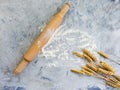 Dough trolley, ear preparation handmade of grain on a concrete background