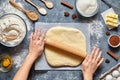 Dough work, bread, pizza or pie recipe homemade preparation. Female chef cook hands rolling dough with pin