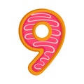 Doughnut cartoon number 9. Glazed pink donut digit nine.