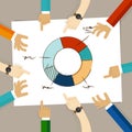 Doughnut circle chart hand drawing sketch analysis. team member together working discuss in a meeting hands pointing to Royalty Free Stock Photo