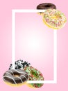 Doughnut with frosting. Round sweet doughnuts isolated on pink. Frame for text. Fall background.