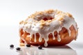 A doughnut with icing and crumbs on a white surface. AI generative image
