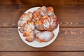 A doughnut sitting on top of a wooden table