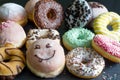 Doughnuts donuts various types of cakes abstract fat thursday concept