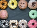 Doughnuts donuts various types of cakes abstract fat thursday frame concept