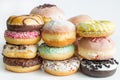 Doughnuts donuts various types of cakes abstract fat thursday on white background concept